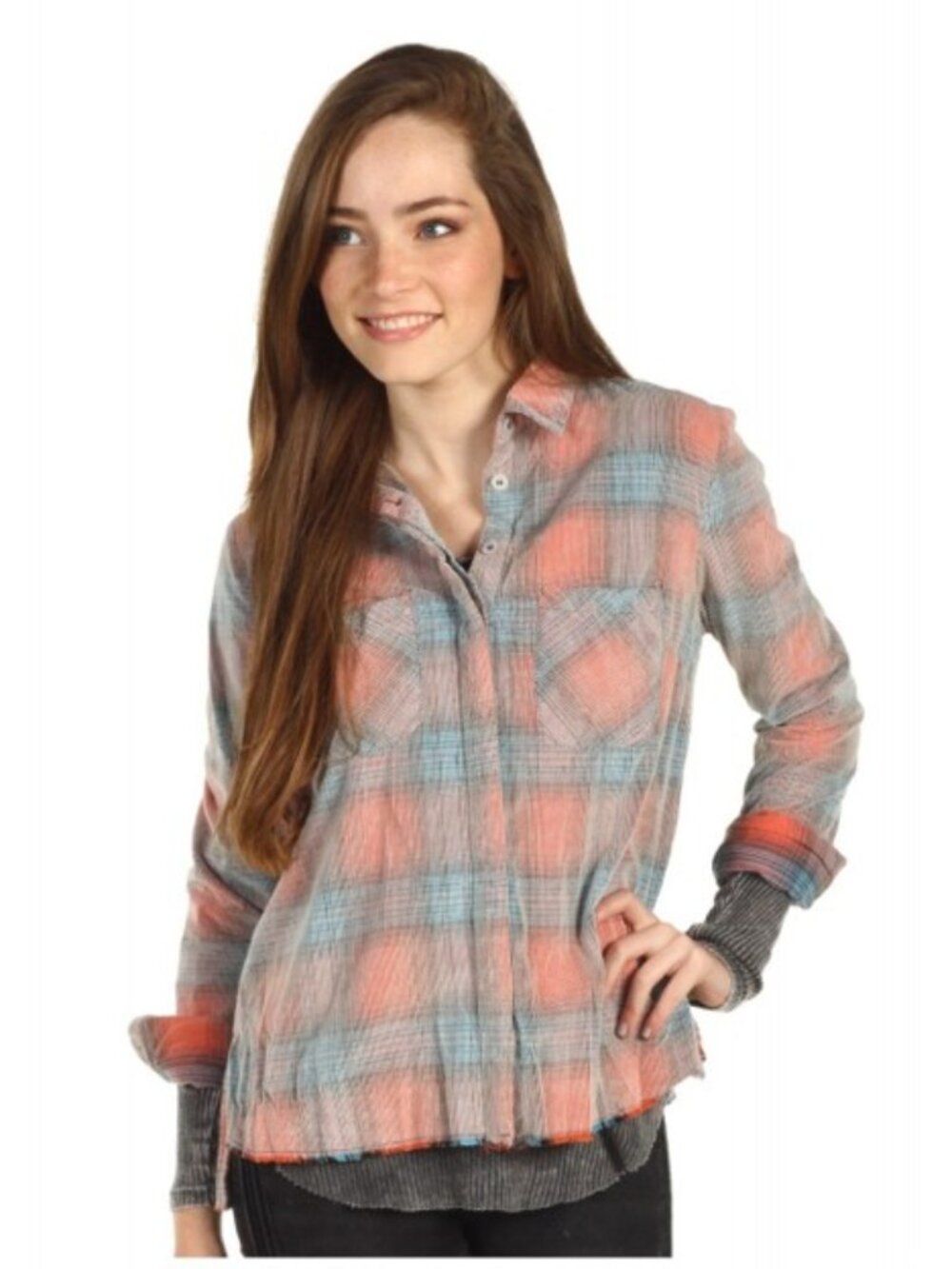 FREE PEOPLE WE THE FREE Clarissa Plaid Corduroy Shirt Coral Blue Size S - Picture 2 of 16